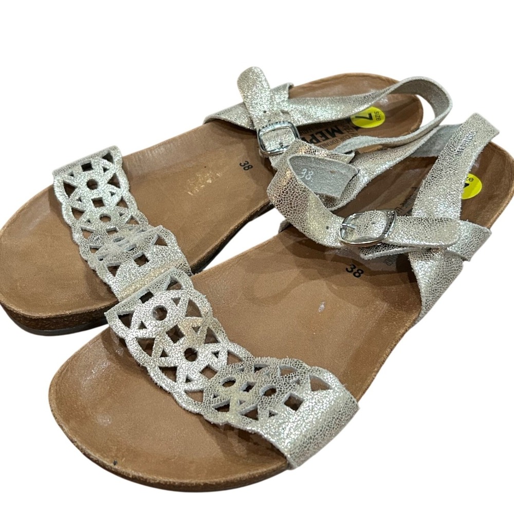 Mephisto Sandals Womens Silver Metallic Laser Cut Leather Cork 38 US 7